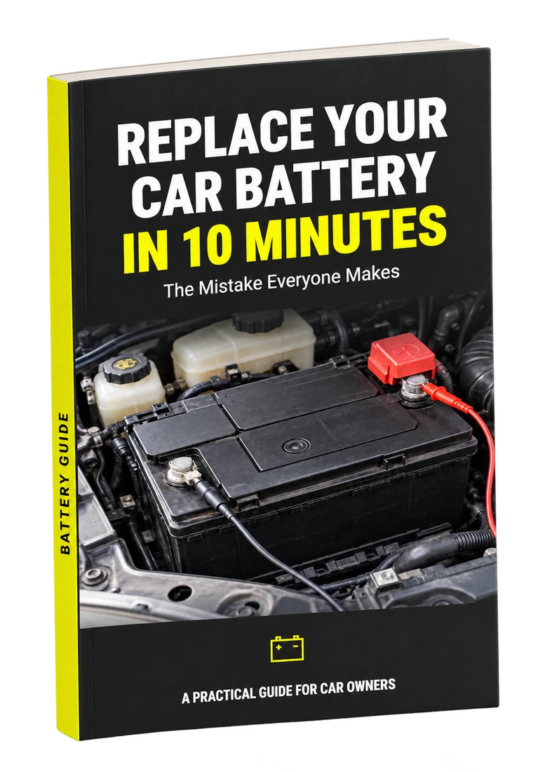 The Battery Guide ebook shown as a black and yellow book.
