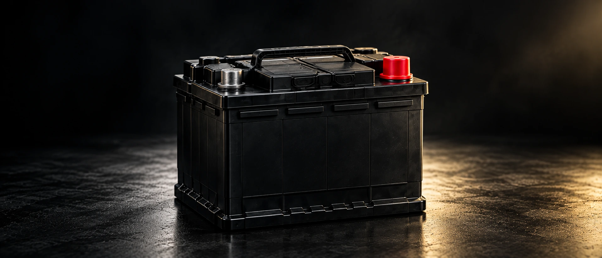 A matte black conventional 12V battery on a reflective workshop floor, with a covered red positive terminal.