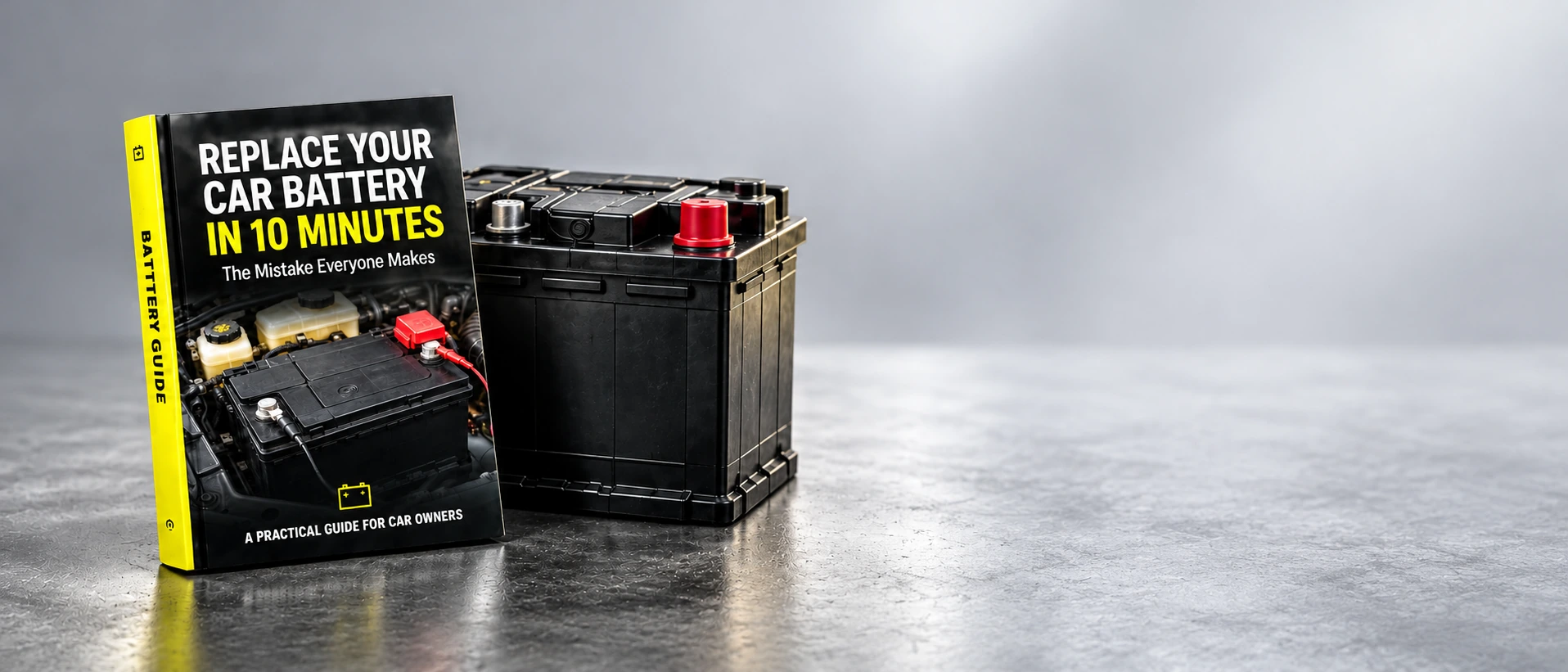 The Battery Guide book and a car battery on a light gray studio floor.