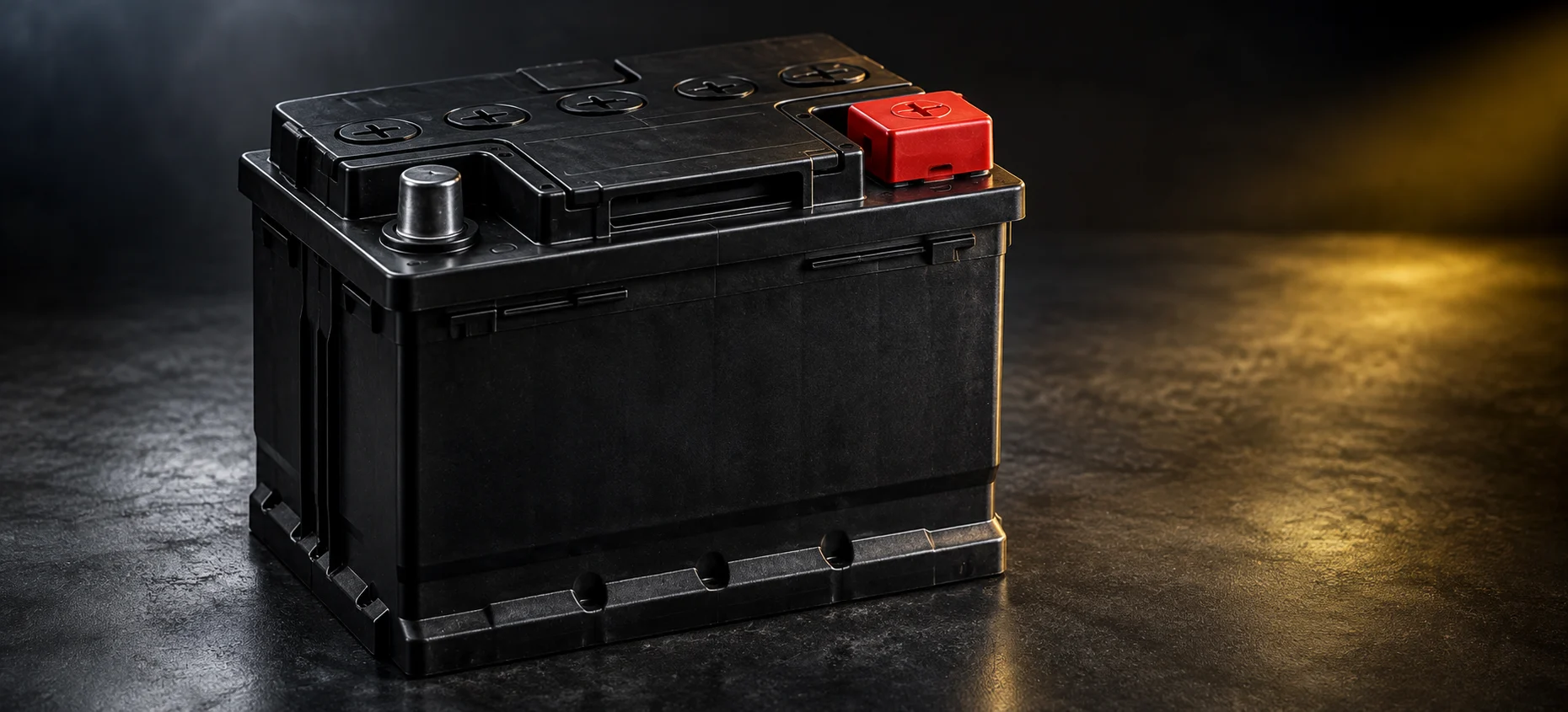 Conventional black 12V car battery with a red positive terminal cover.