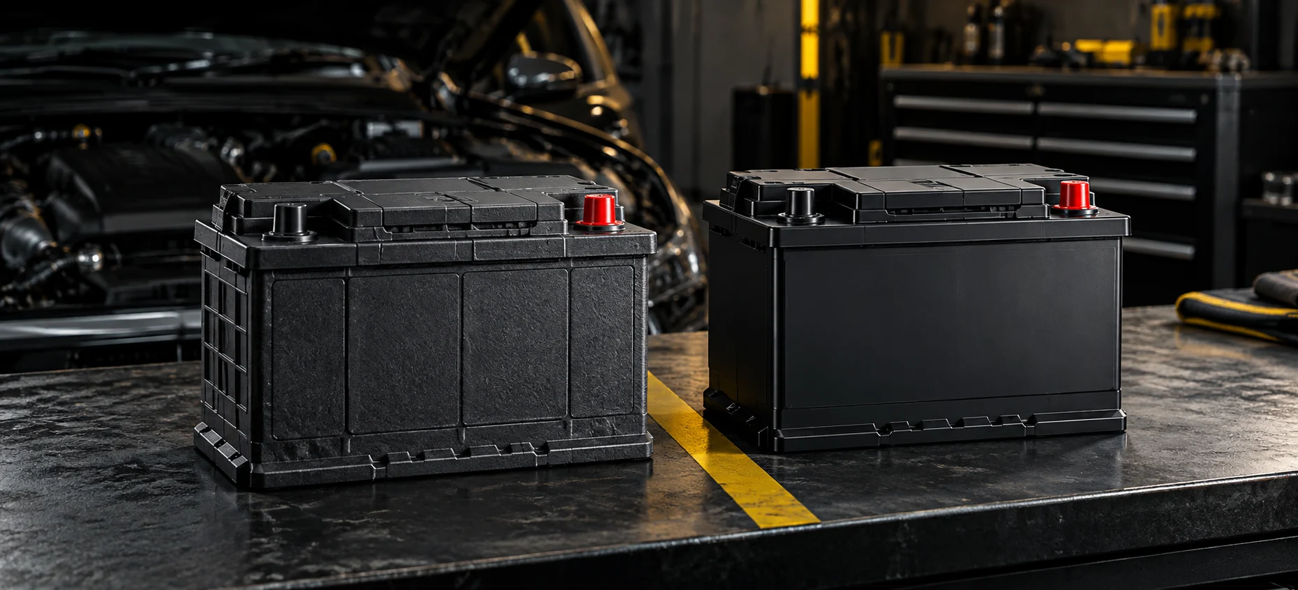 Two automotive batteries with different casing designs displayed side by side.