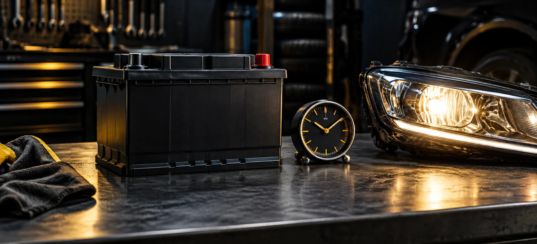 Car battery beside a workshop clock and illuminated headlamp.