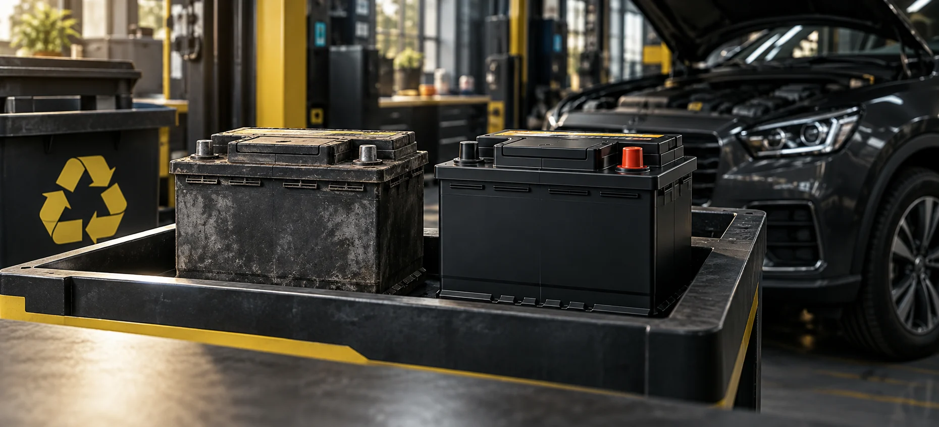 Old and replacement batteries standing upright at a recycling collection counter.