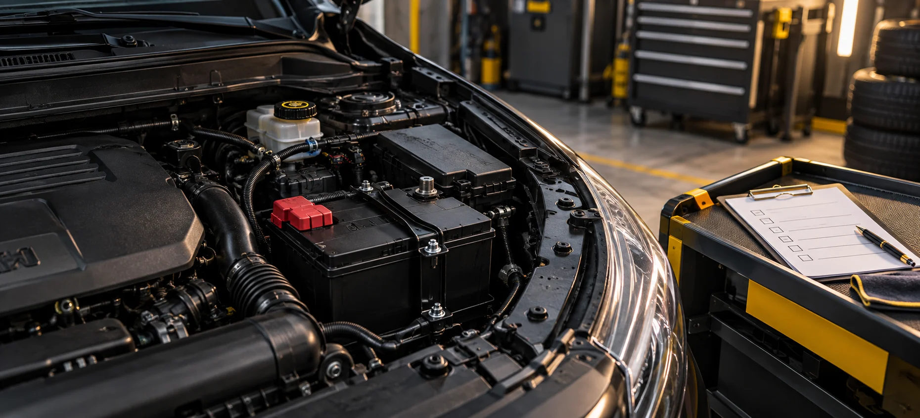 Secured car battery beside a workshop checklist clipboard.