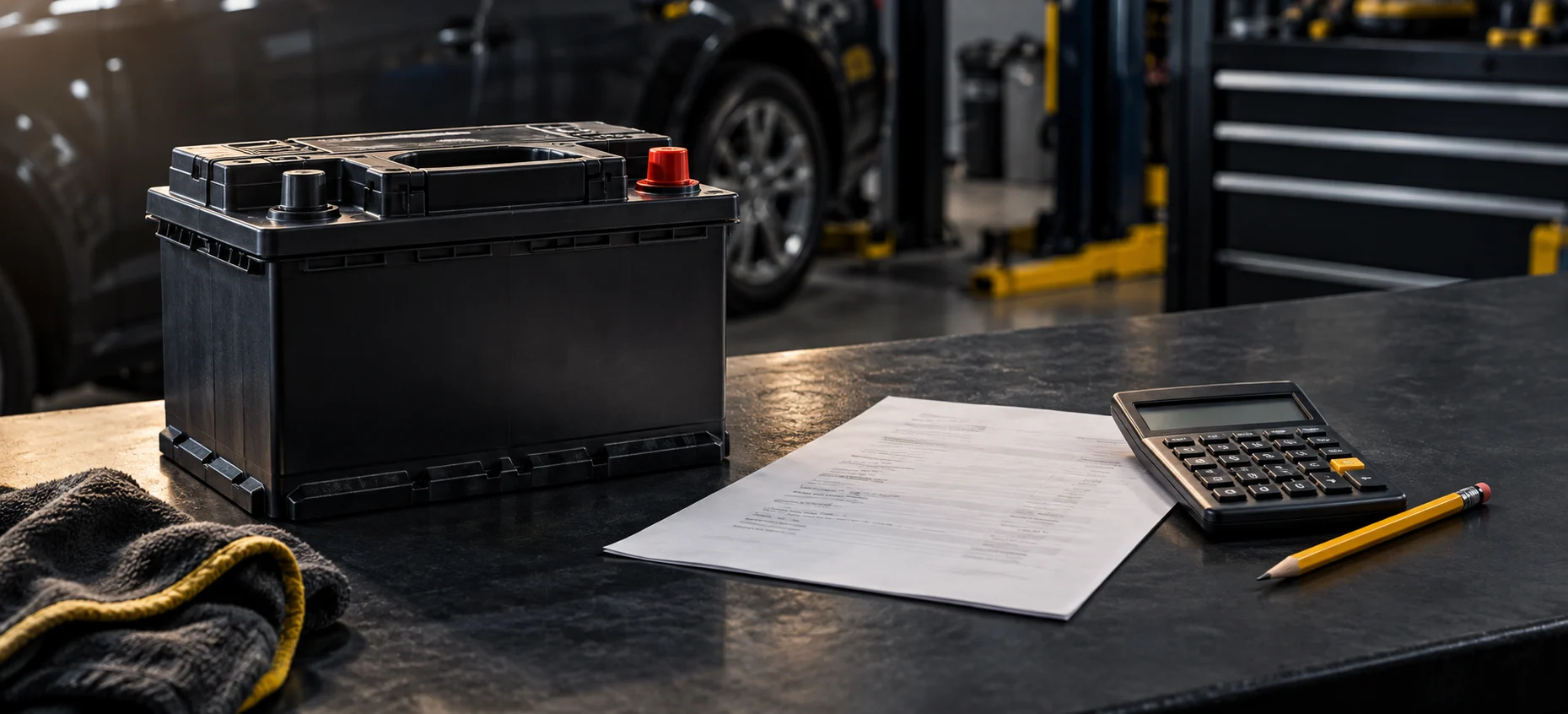 Car battery, calculator and blank quote sheet on a workshop counter.
