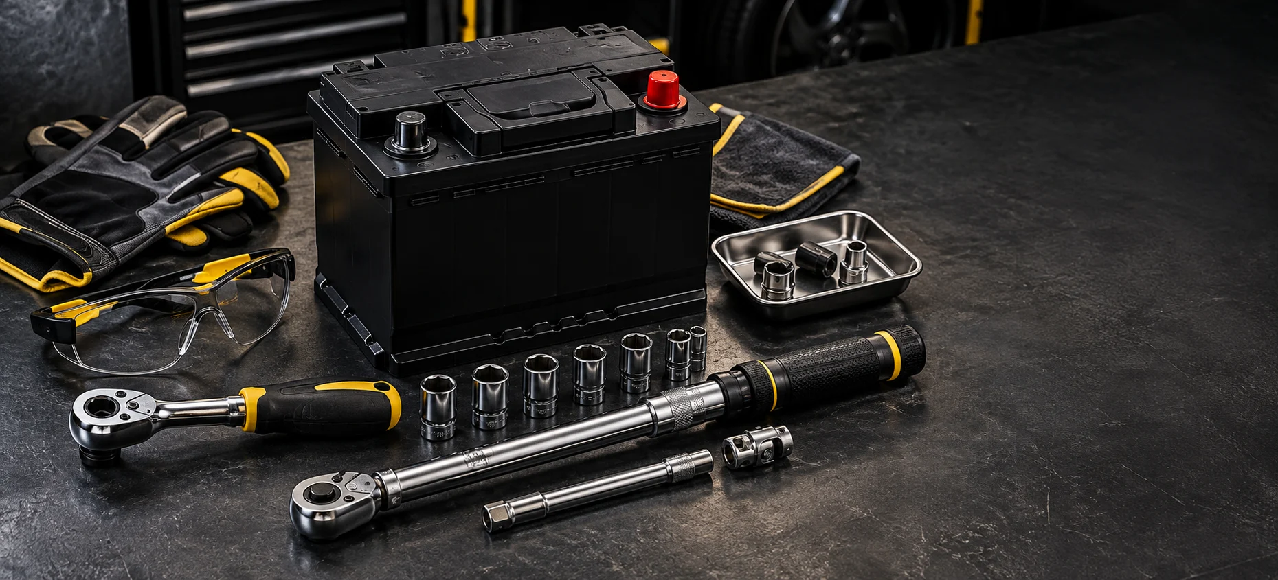 Ratchets, sockets, protective goggles and gloves arranged beside a car battery.