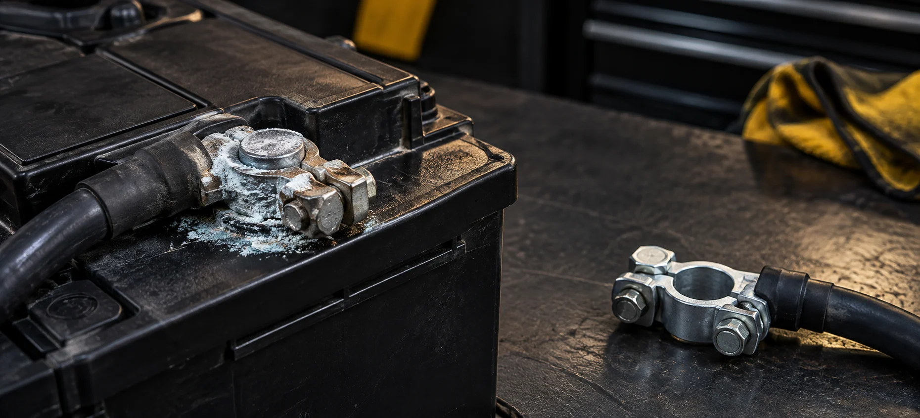 Pale corrosion around a battery clamp beside a clean comparison clamp.