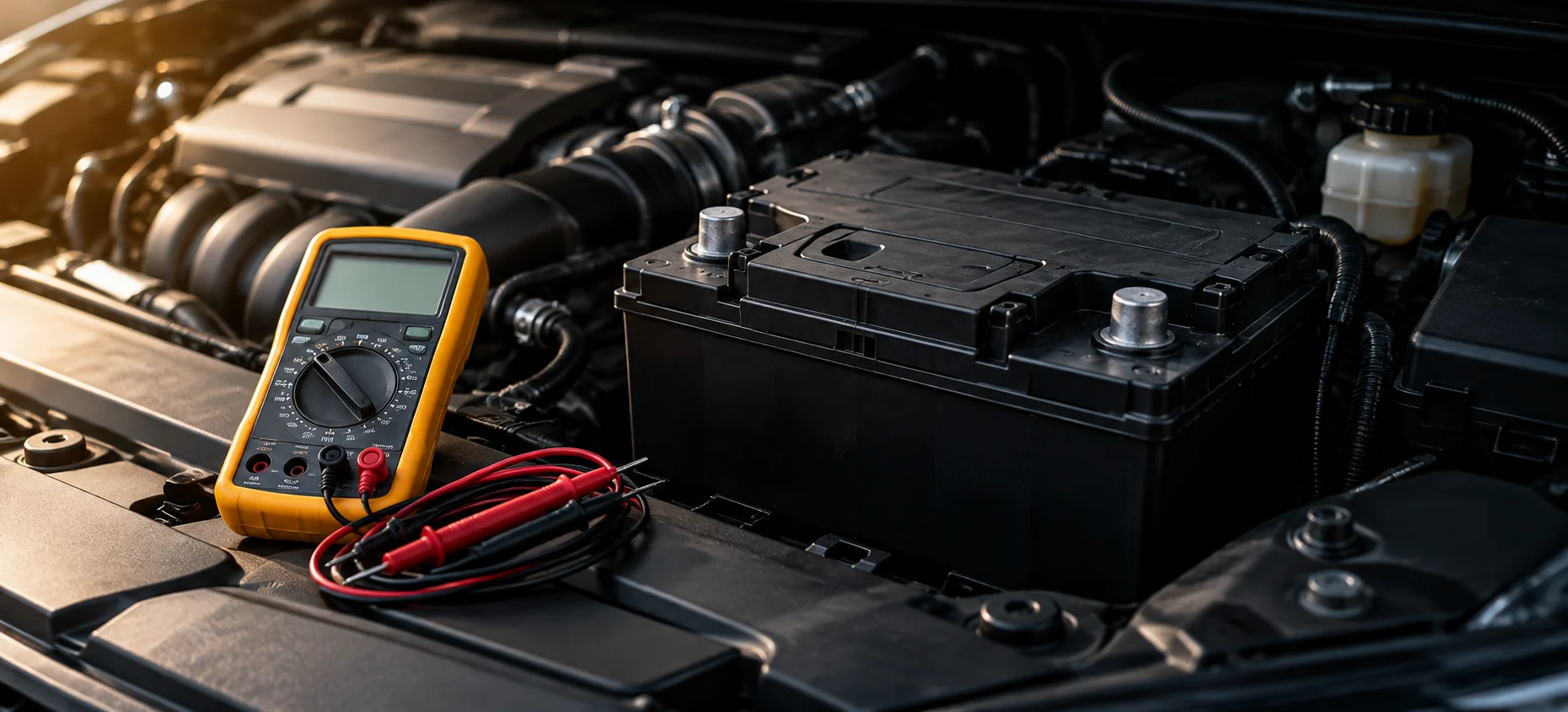 Yellow digital multimeter with coiled leads beside a car battery.