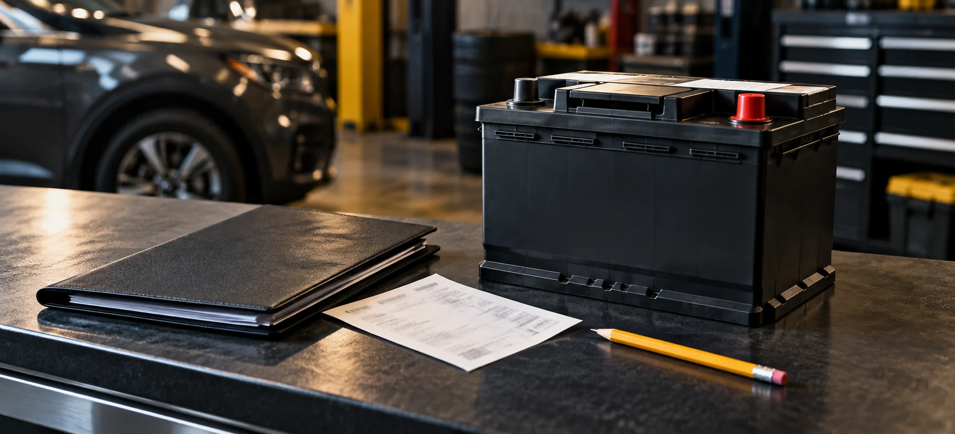 Car battery beside a receipt, warranty folder and yellow pencil.