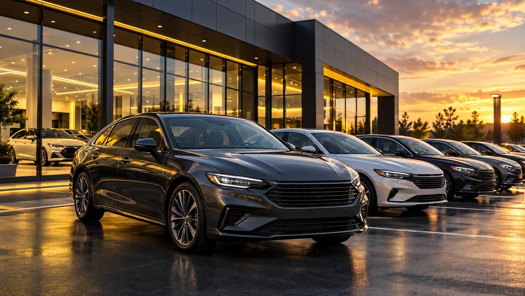 Sedans parked outside an unbranded car dealership at dusk.