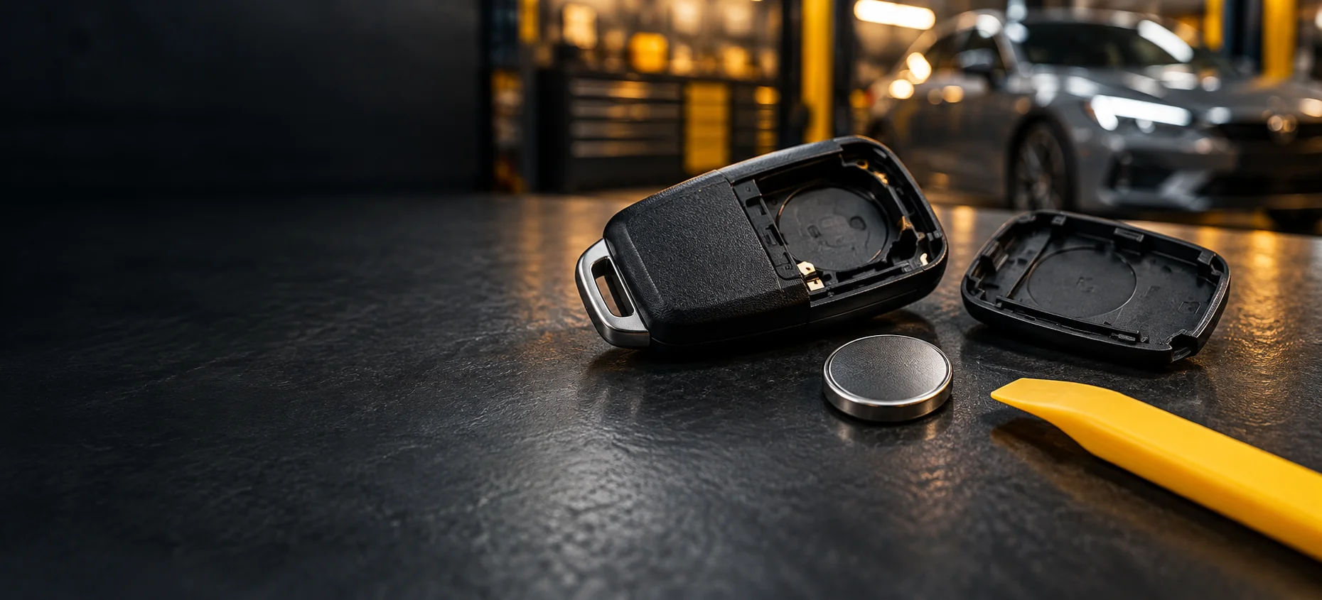 Opened unbranded car key fob, coin-cell battery and yellow opening tool on a workshop bench.