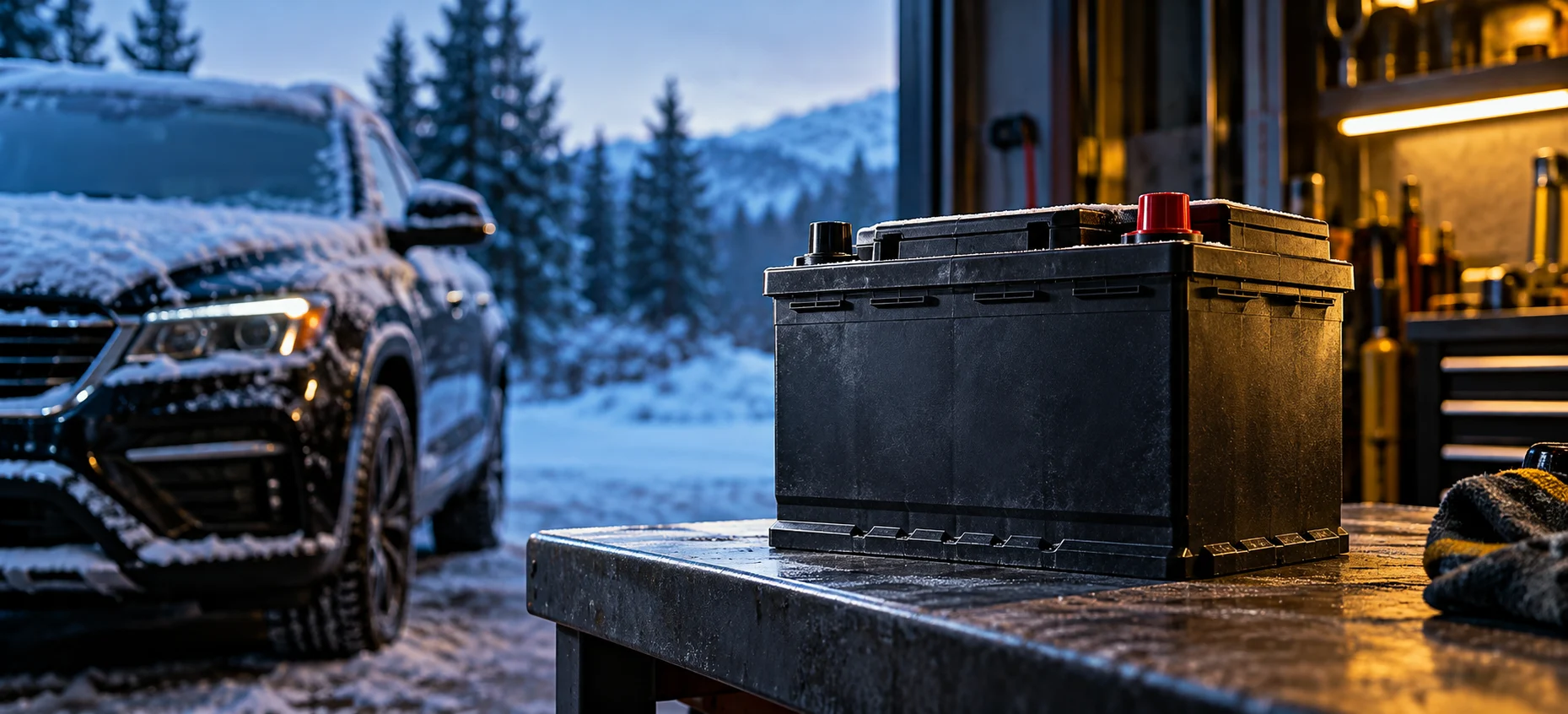 Car battery in a workshop with a snow-covered car outside.