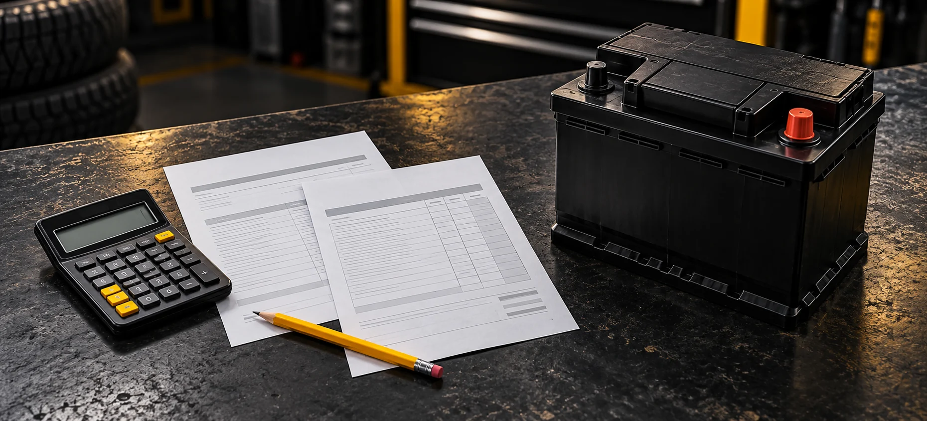 Illustration of two replacement estimates, calculator and battery on a workshop bench.