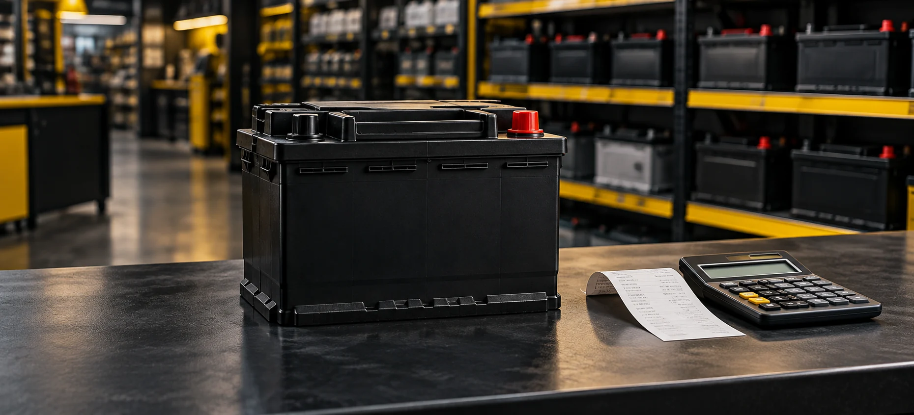 Illustration of a car battery, receipt and calculator on a generic warehouse counter.