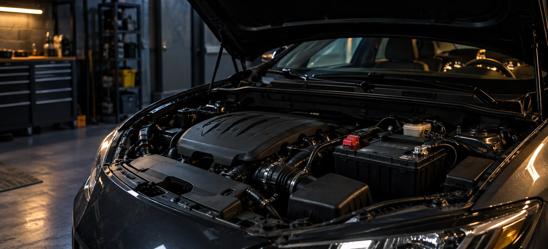Open engine bay of a stationary car in a dim workshop.