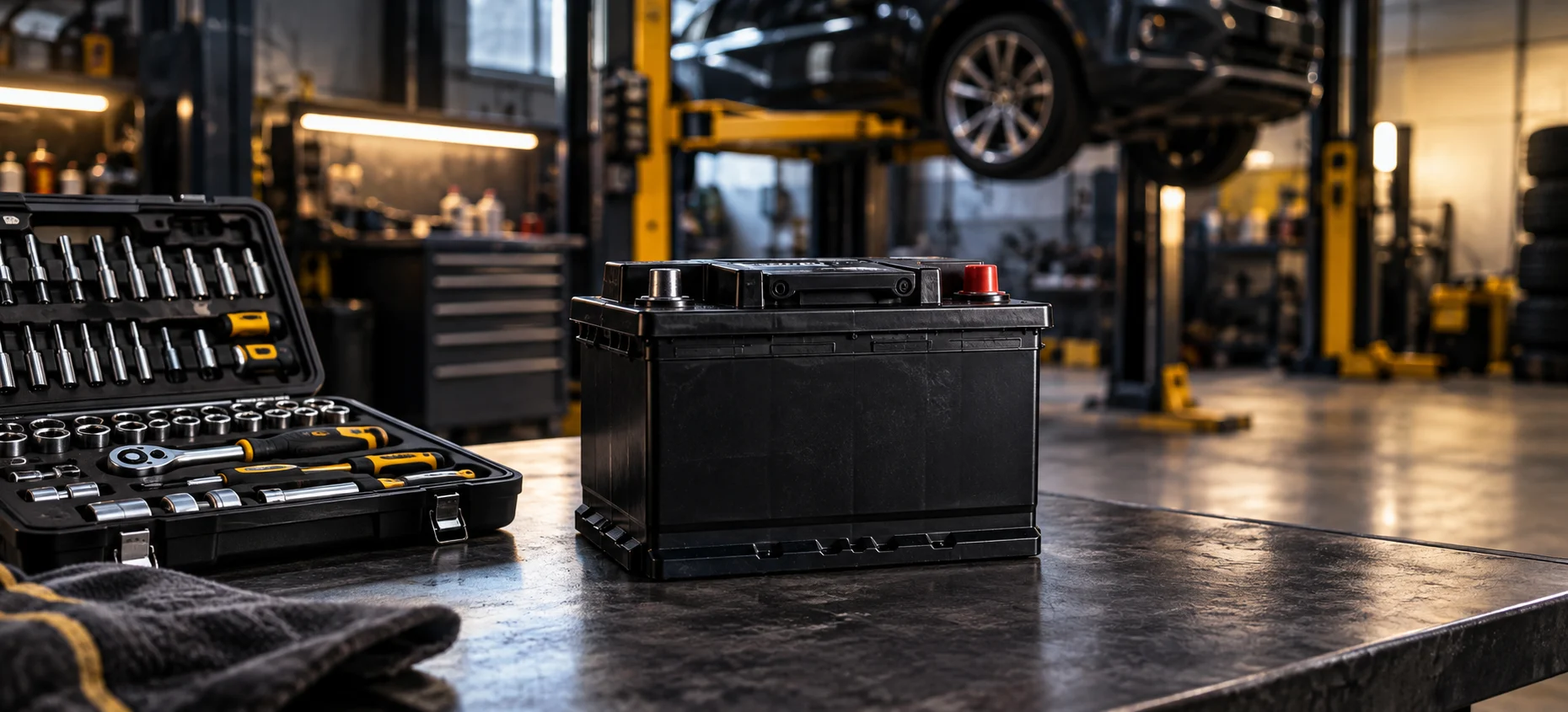 Personal socket toolkit beside a car battery in a professional workshop.