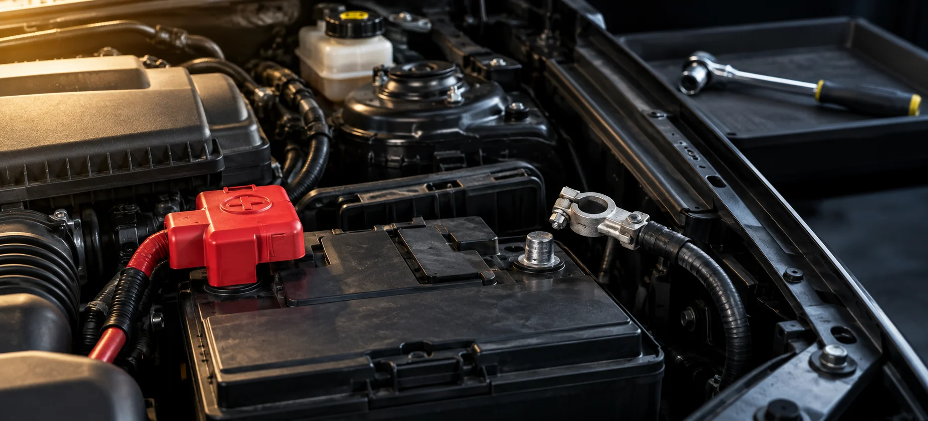 Separate battery cable connections and a covered red positive terminal in an engine bay.