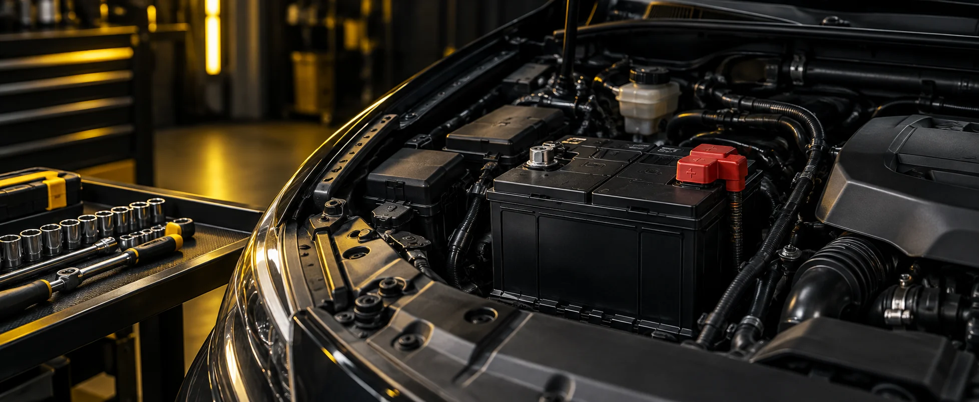 Car battery secured in an engine bay beside an organized socket tray.