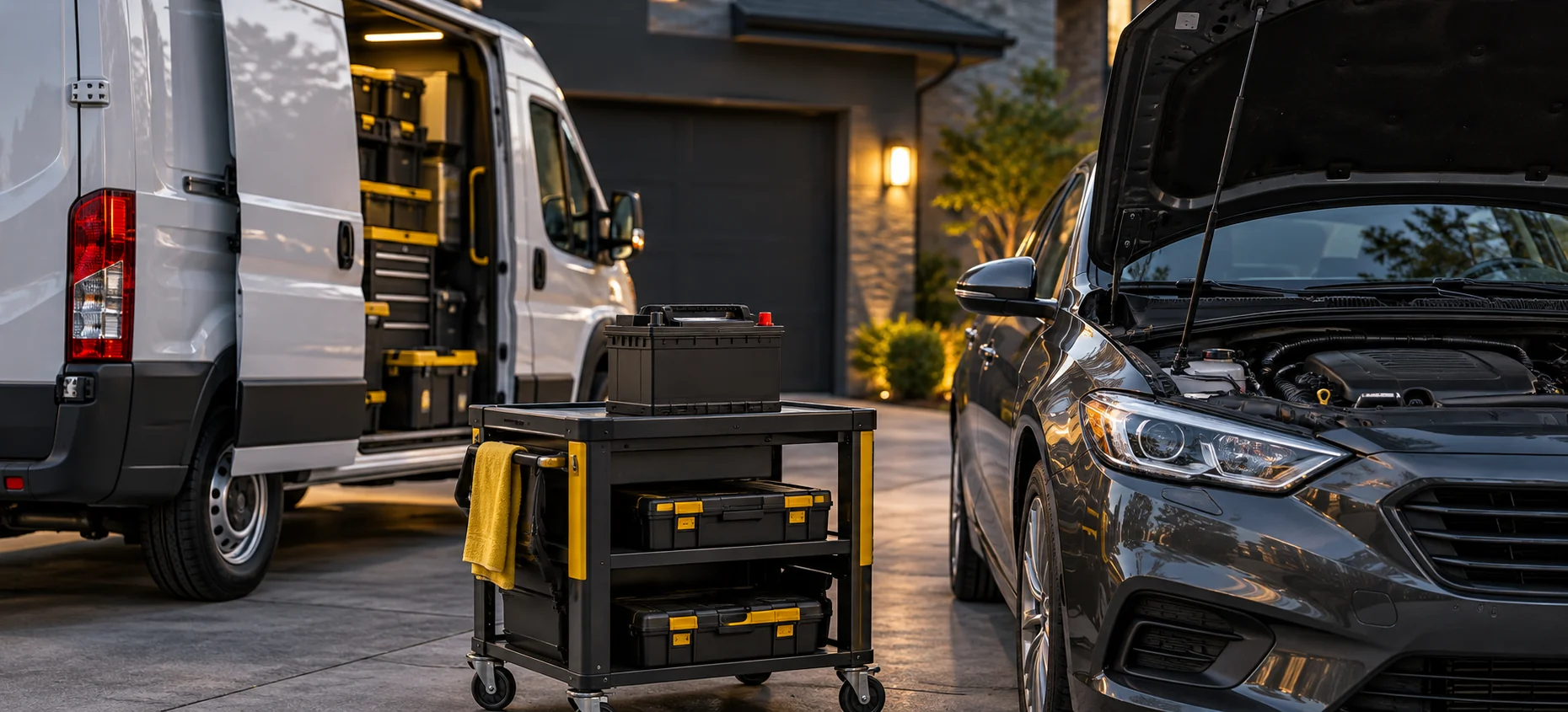 Illustration of a mobile service van and sedan beside a replacement battery cart.