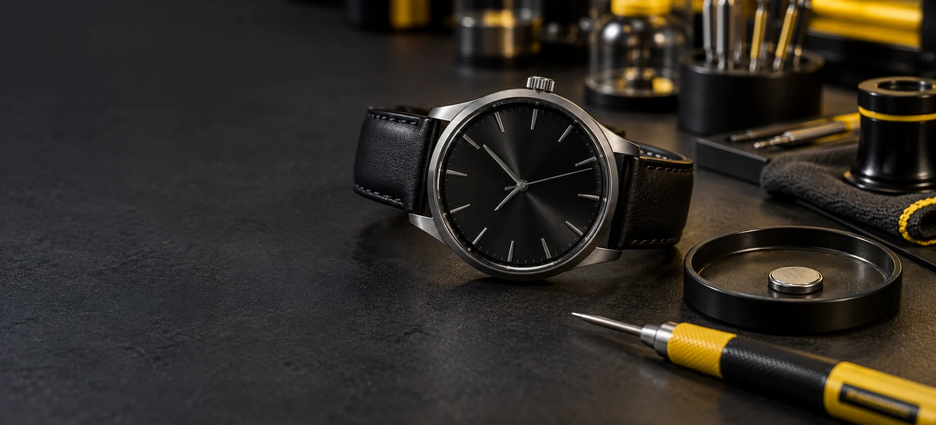 Unbranded black wristwatch beside a coin-cell battery and yellow precision tool on a watch-service bench.