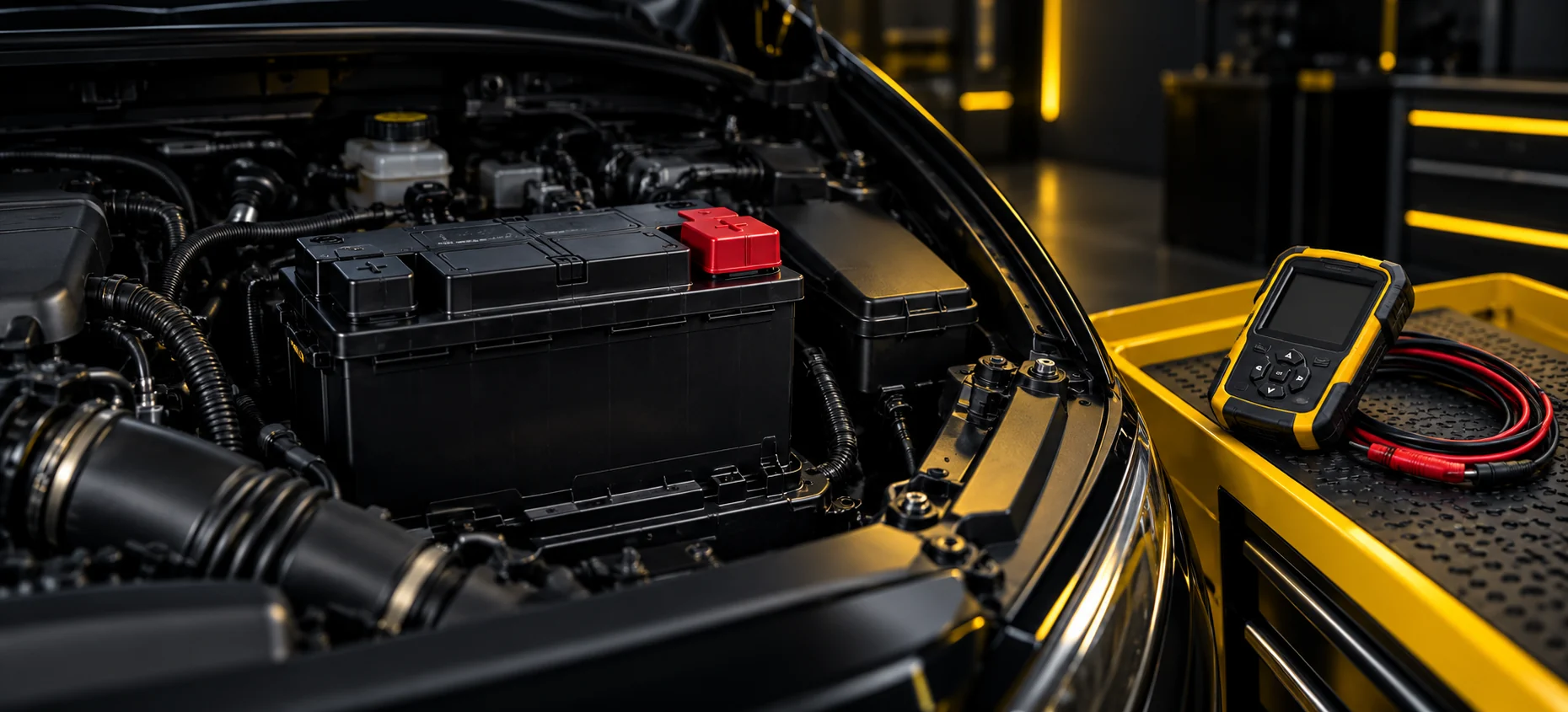 Editorial illustration of a car battery in an engine bay with a disconnected tester on a separate tray.
