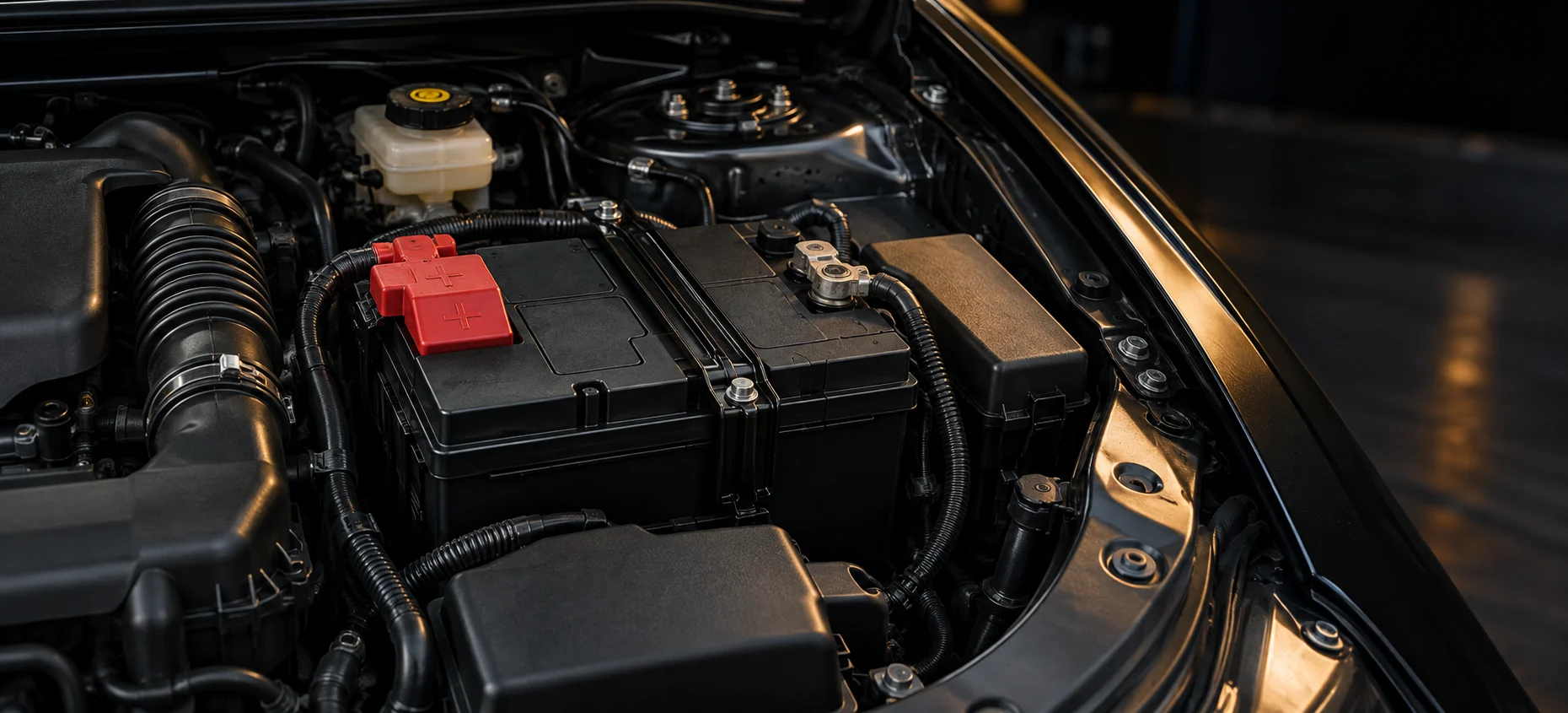 Neatly routed battery connections with a covered red positive terminal.