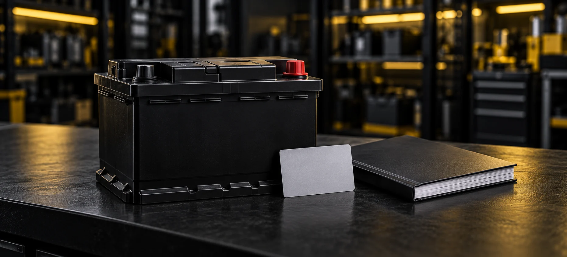 Editorial illustration of a car battery, blank membership card and owner manual on a workshop counter.