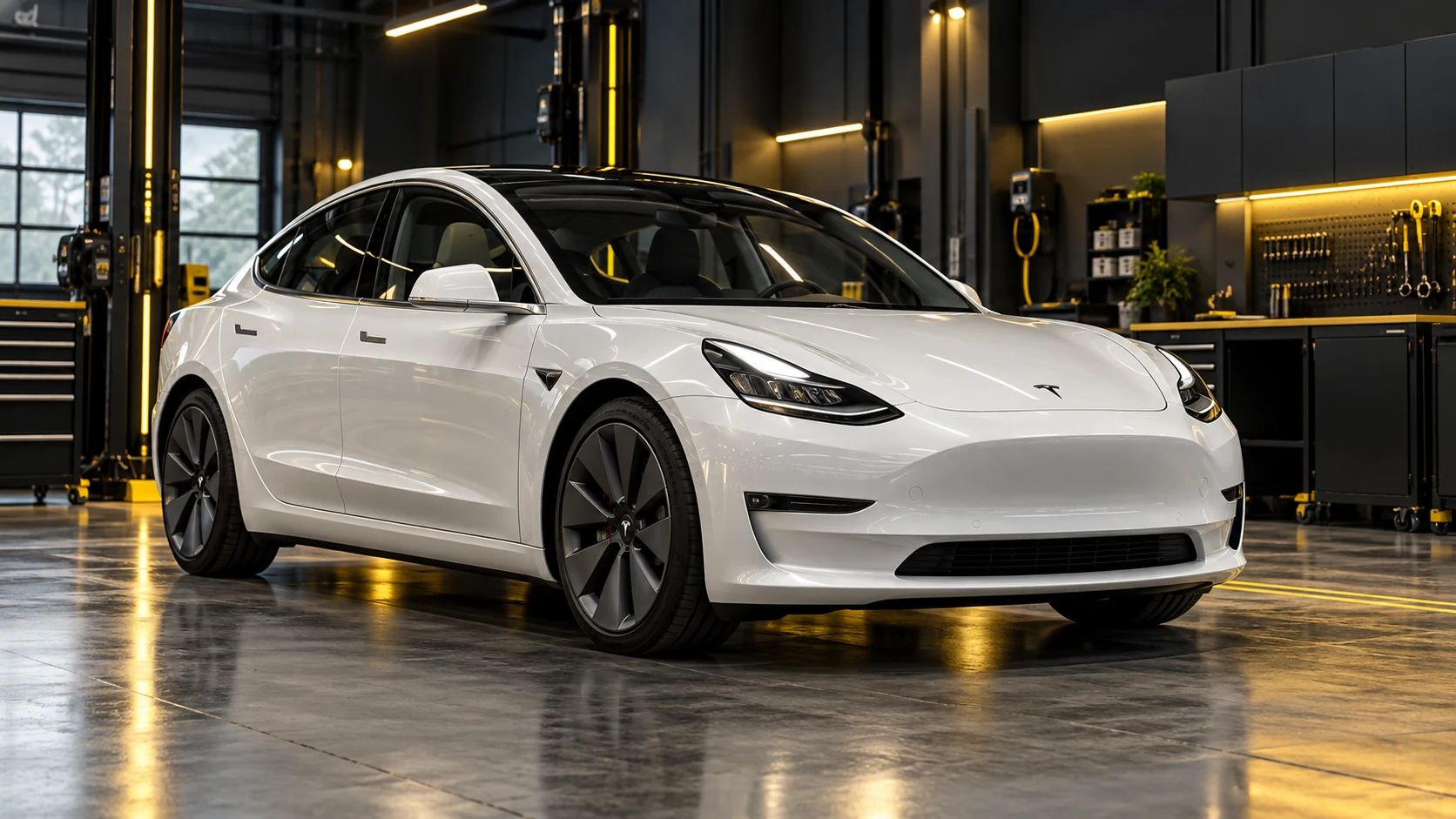 White Tesla Model 3 parked in an EV service bay with its hood closed.
