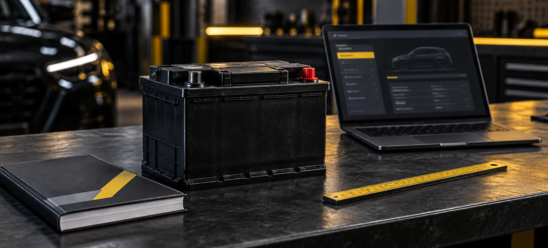 Illustration of a battery, owner manual and laptop for vehicle fitment research.
