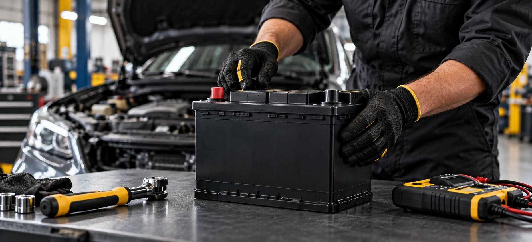 Gloved technician inspecting an unbranded car battery beside yellow tools in a generic automotive service bay.