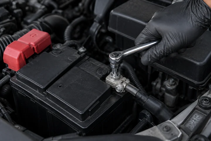A gloved hand and socket wrench beside a battery terminal.